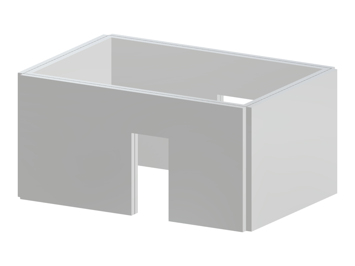 Una habitación rectangular con cuatro paredes de hormigón, que presenta dos grandes aberturas de puerta situadas en lados opuestos.
