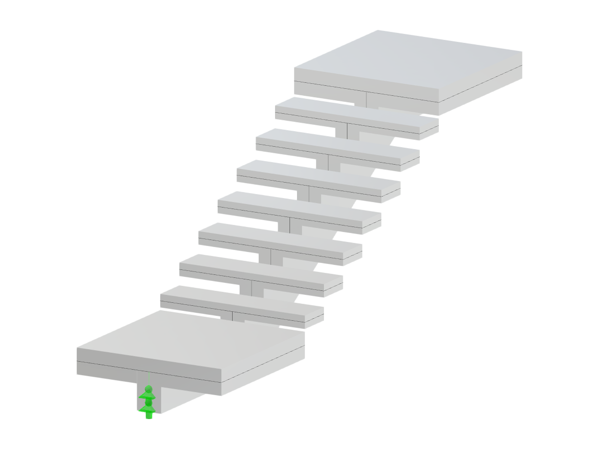 Escalera de hormigón de un solo tramo, apoyada en una viga central de espina anclada a las estructuras circundantes.
