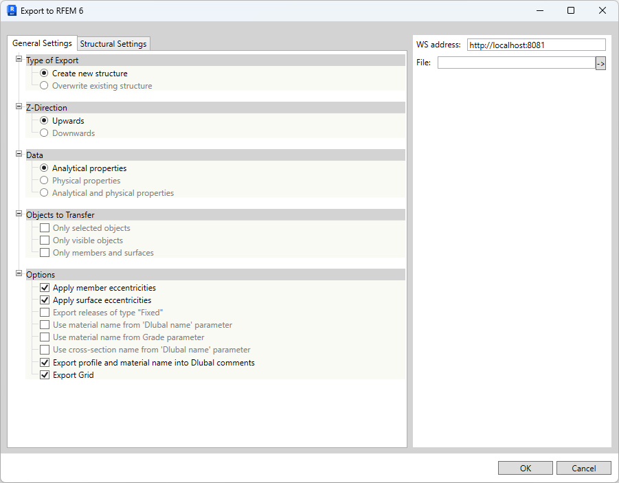 Exportar a RFEM – Configuración general