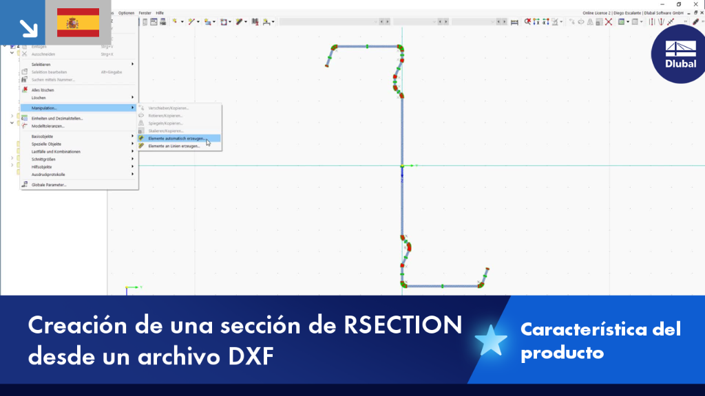 Representación del proceso para crear una sección RSECTION a partir de un archivo DXF. Muestra la función de importación y los datos geométricos generados de la sección.