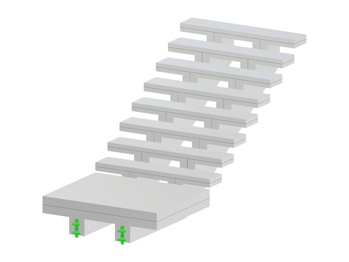 Una escalera de hormigón de un solo tramo presenta una viga de espina central doble para mayor estabilidad, que se extiende bajo los escalones con un rellano inferior.