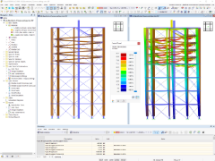 Modelo e imagen de deformación de la torre en RFEM