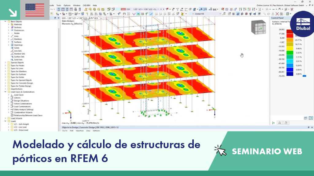 Seminario web sobre modelado y diseño de estructuras de pórtico usando complemento Modelo de edificio. Enfoque en métodos de ingeniería estructural.