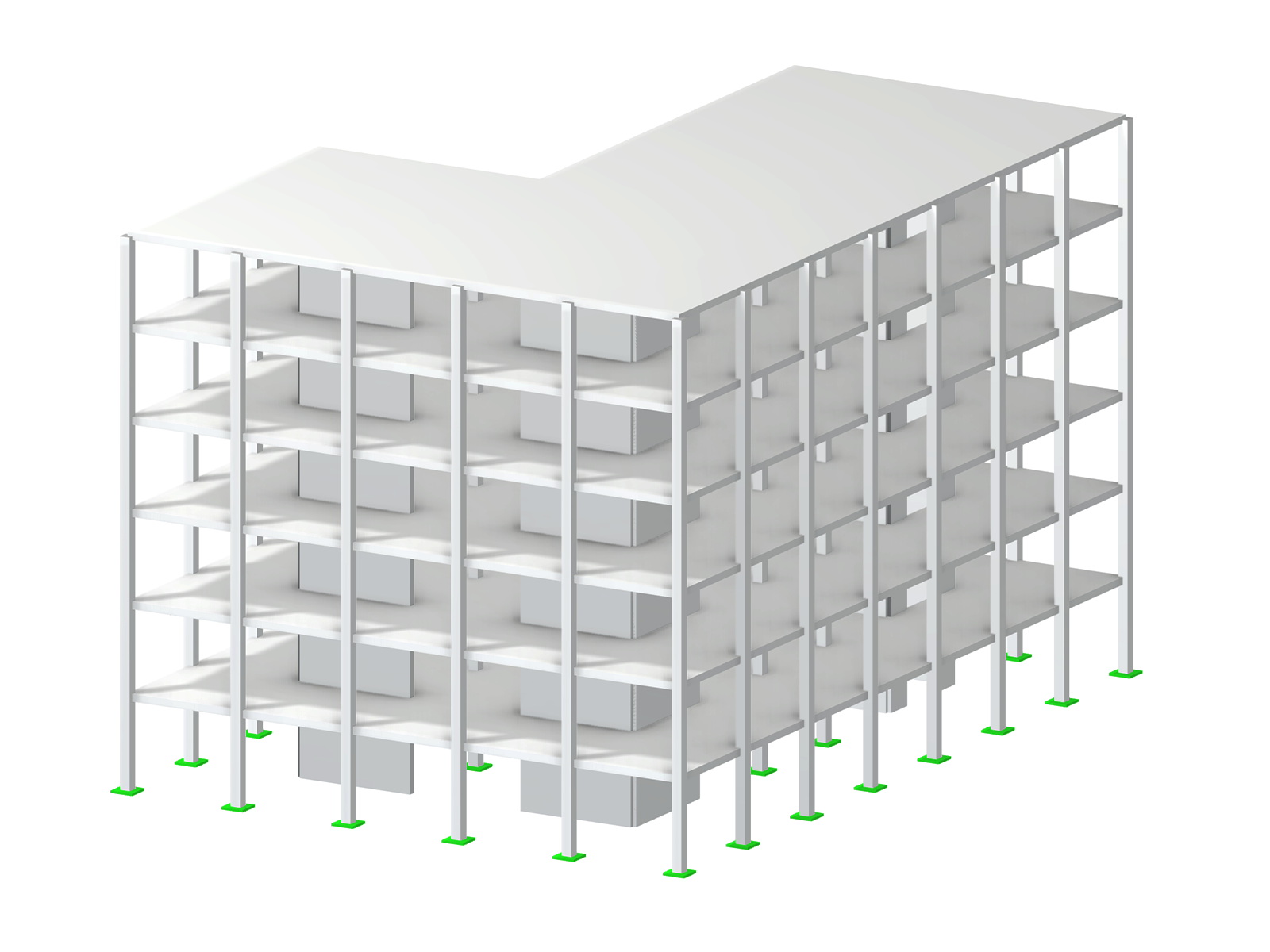 Edificio de hormigón armado con varias plantas y armadura de acero visible.