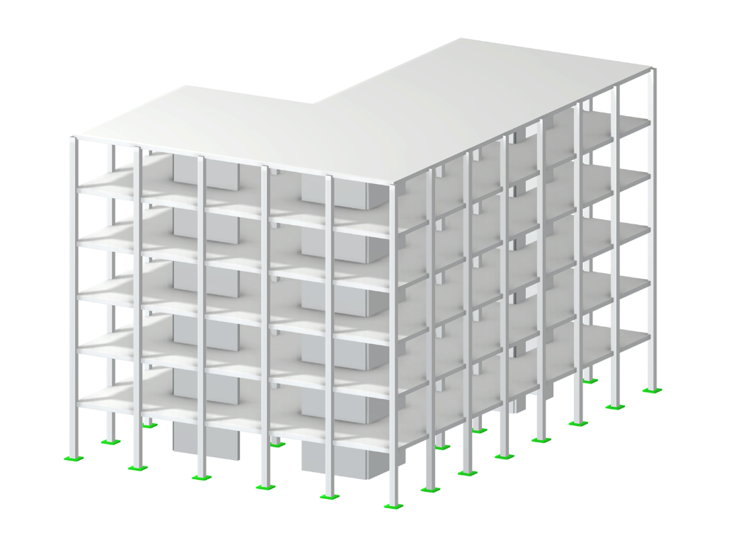 Edificio de hormigón armado con varias plantas y armadura de acero visible.