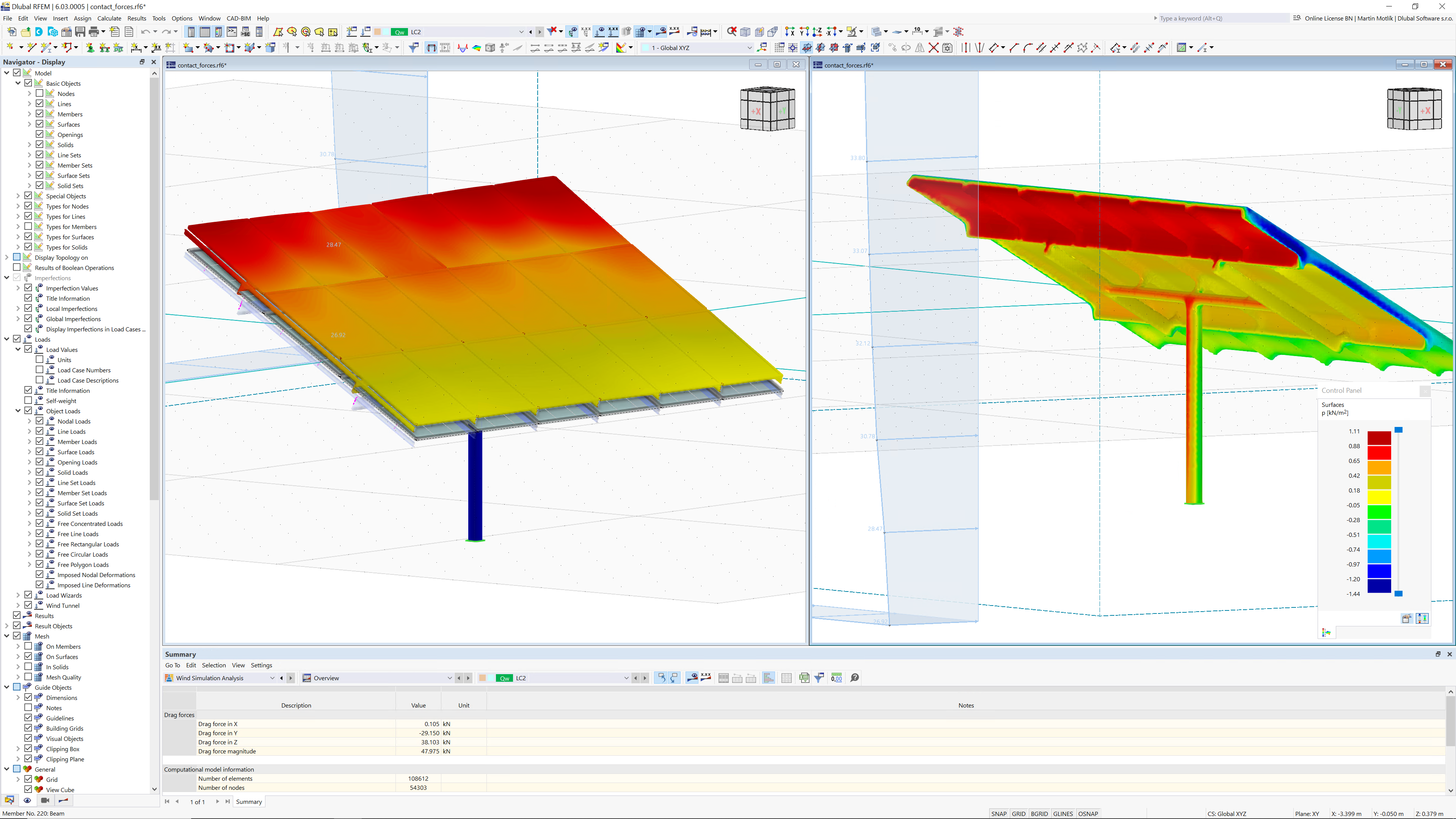 Representación de resultados de RWIND en RFEM 6 mostrando análisis detallados de cargas de viento
