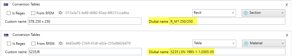 Material de Dlubal y nombre de la sección en las tablas de conversión de Revit y Tekla