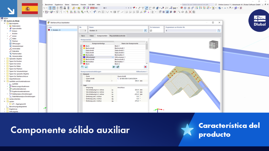 Representación de un componente de apoyo estructural para la optimización del análisis estructural. Se centra en el uso eficiente de sólidos auxiliares.