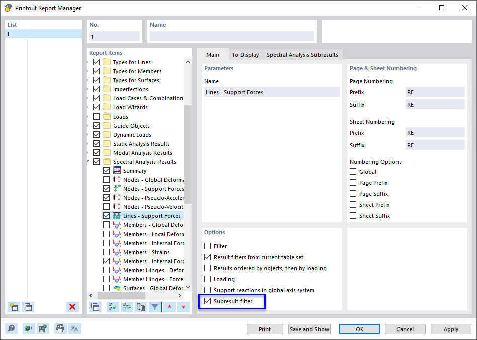Activación del filtro de subresultados para datos de impresión
