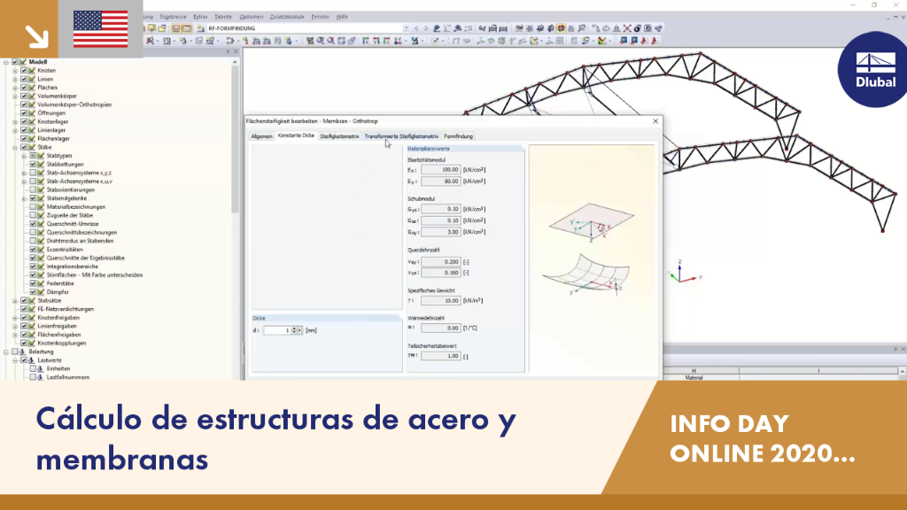Un programa de diseño asistido por computadora que muestra una interfaz de diseño de acero y membranas con múltiples barras de herramientas y un modelo en 3D.