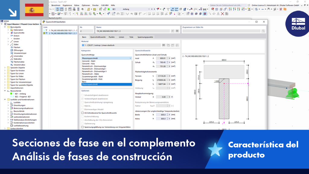Secciones por fases en el estado de construcción analizadas con el complemento de Dlubal