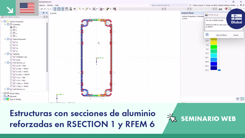 Ilustración de cálculo de secciones de aluminio reforzadas en RSECTION 1 y RFEM 6 utilizado en un seminario web de Ingeniería
