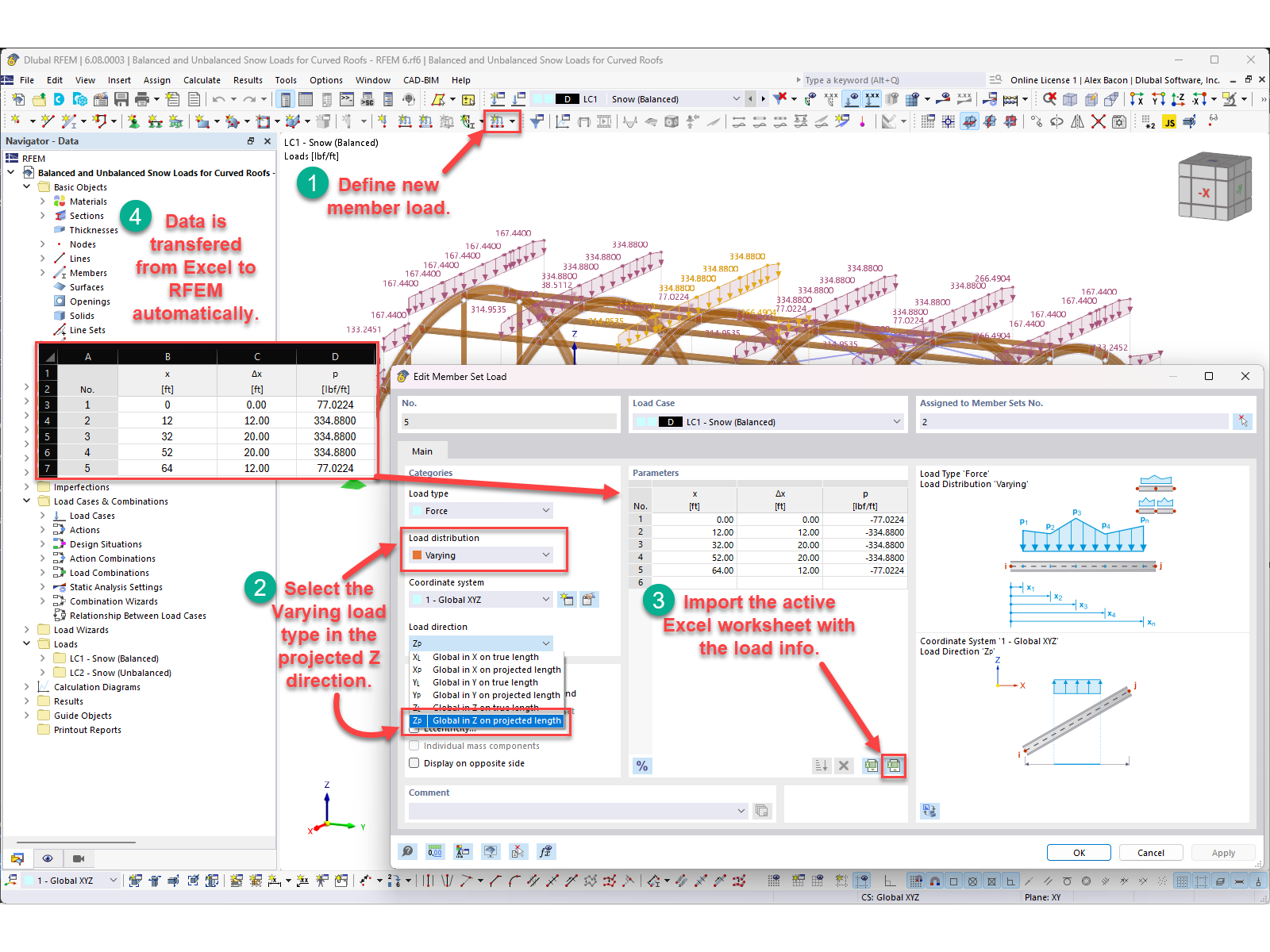 Datos de Excel importados en RFEM para carga variable en barra