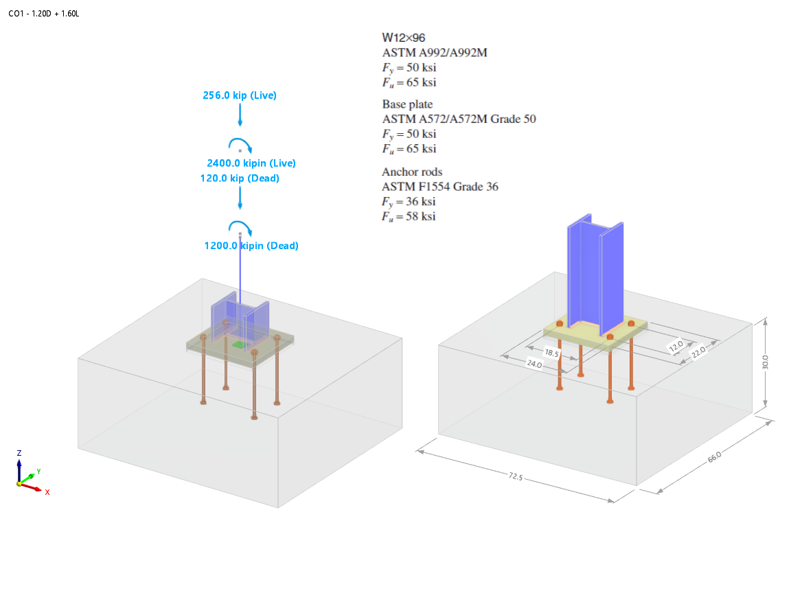 Modelo que muestra un ejemplo de AISC DG1, demostrando especificaciones de cálculo estructural en un análisis de RFEM.
