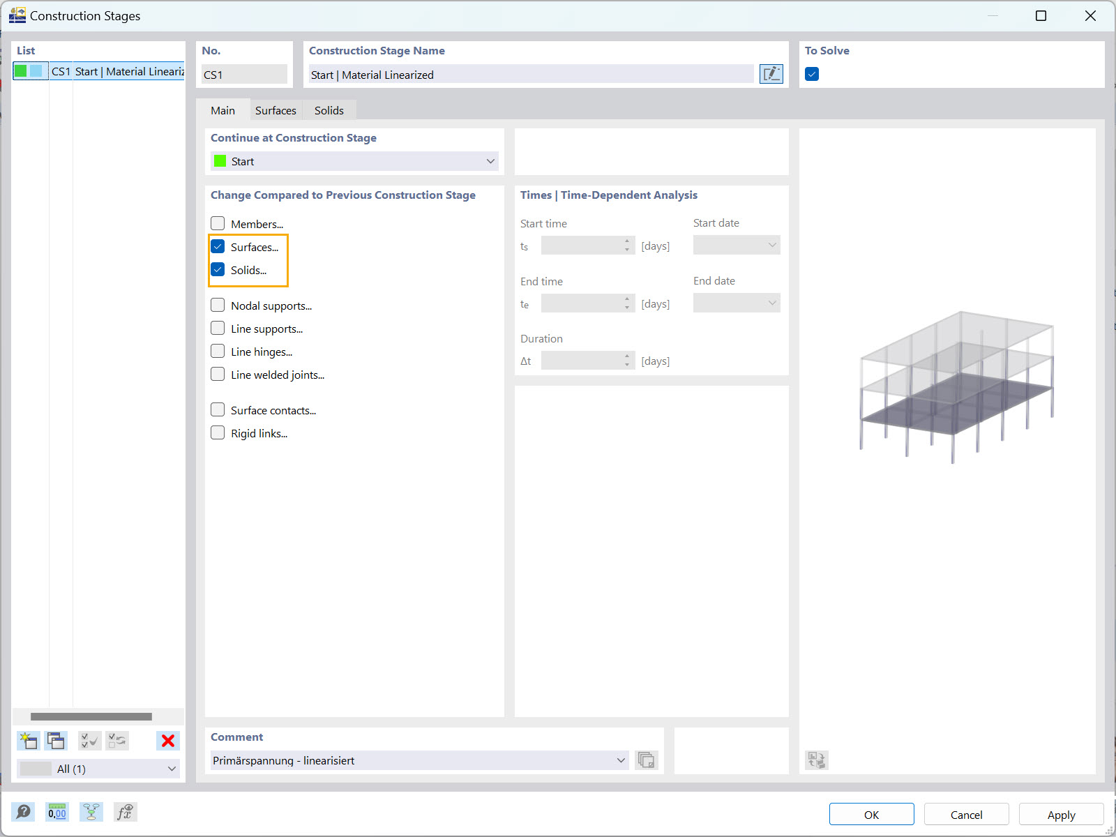 Interfaz de RFEM 6 mostrando la selección de objetos para cambios en una fase de construcción