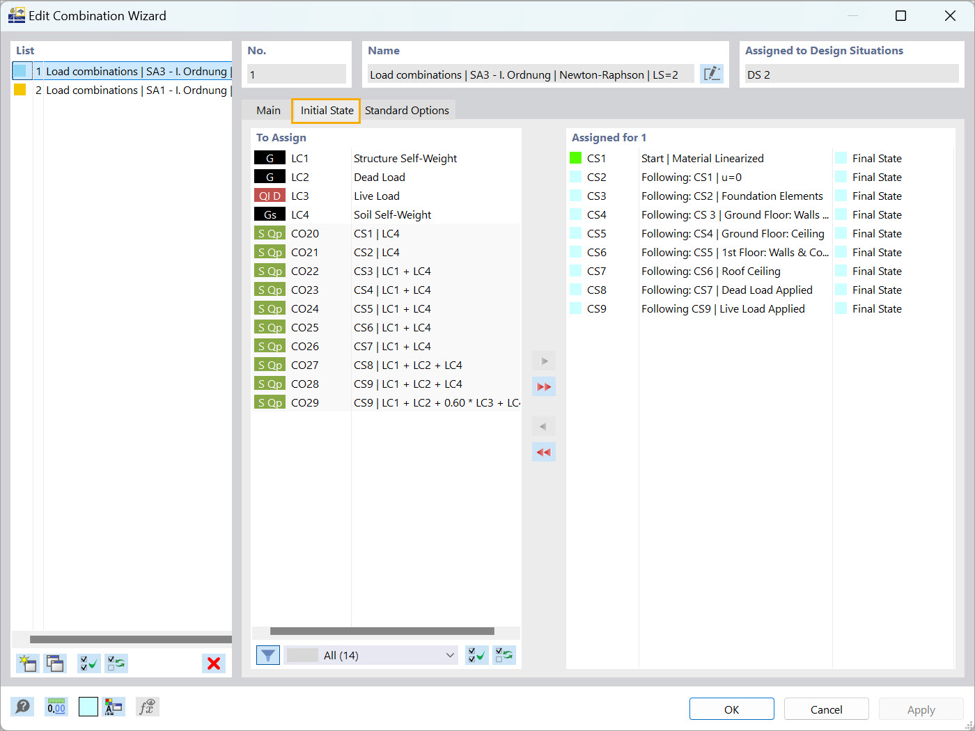 Asistente de combinaciones de RFEM 6 para configuración de cargas por fases de construcción