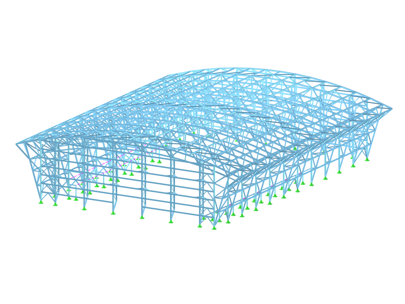 Modelo RFEM de estructura de acero de pabellón deportivo con planta rectangular y gradas