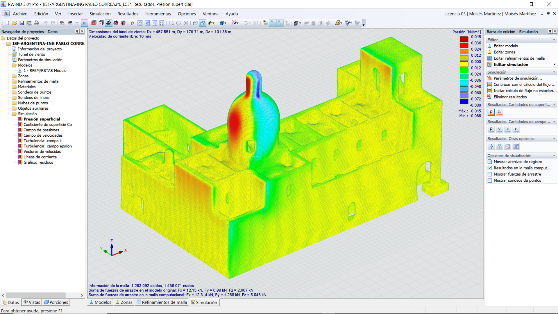 Simulación de presión en estructura con RWIND 3D | mapa de colores que indica zonas de alta y baja presión