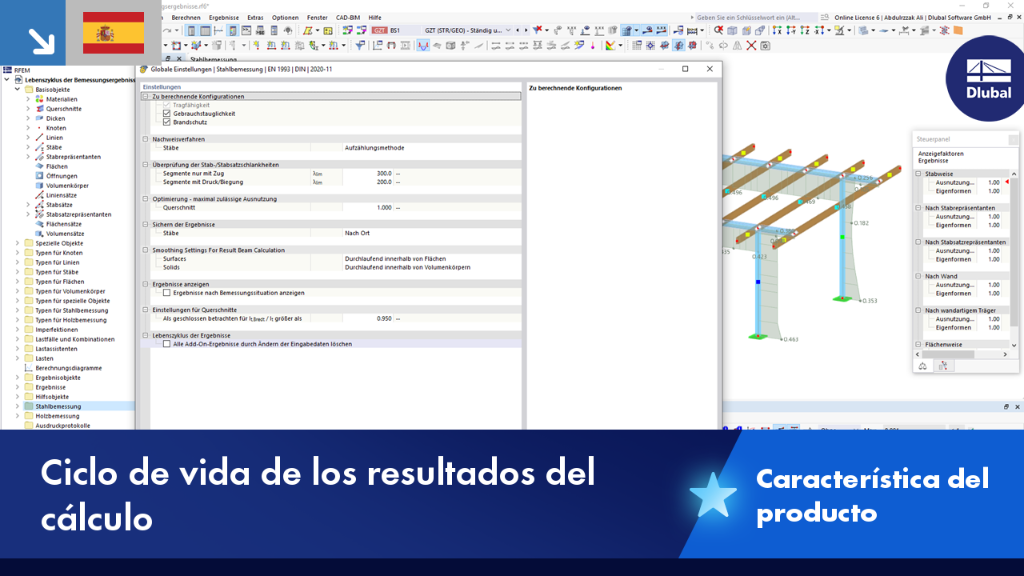 Características del producto del ciclo de vida de los resultados de cálculo para acero, uniones de acero, aluminio y madera
