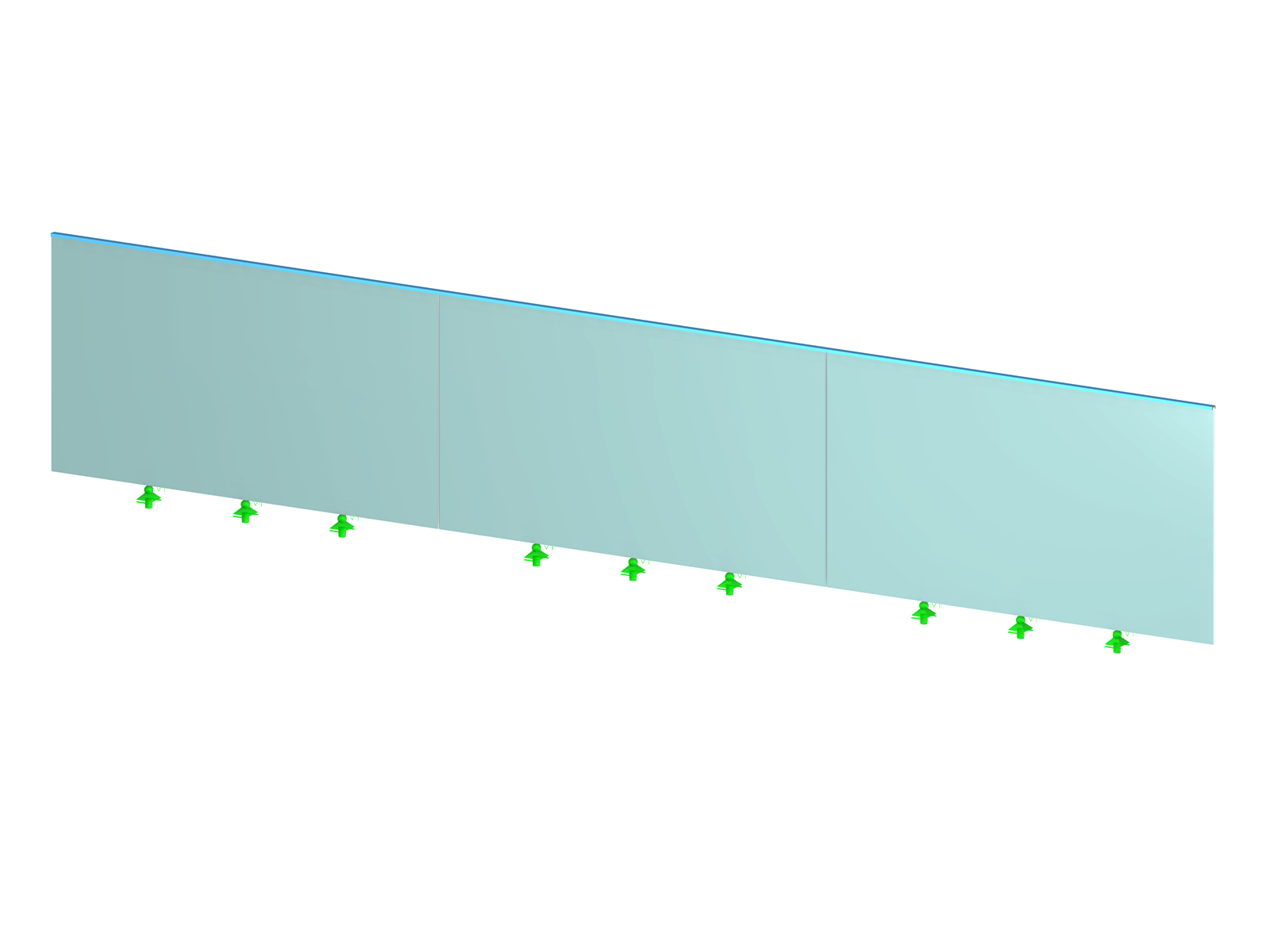 Modelo con barandillas de balcón de vidrio diseñadas en RFEM 6 utilizando el complemento Cálculo de vidrio, con elementos de apoyo detallados.
