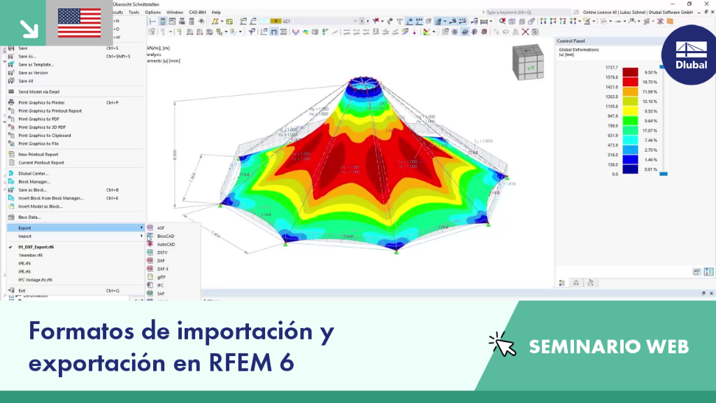 Imagen del seminario web que muestra las funcionalidades de importación y exportación de RFEM 6 con una vista general de la interfaz técnica