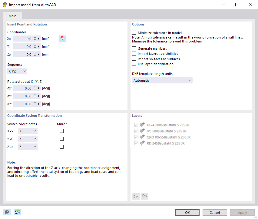 La imagen muestra la configuración de importación de AutoCAD DXF en RFEM 6.