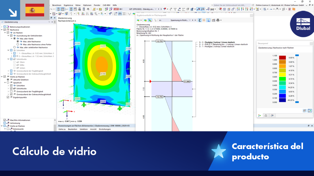 Vista detallada del dimensionamiento de vidrio que ilustra las propiedades estructurales y cargas del vidrio.