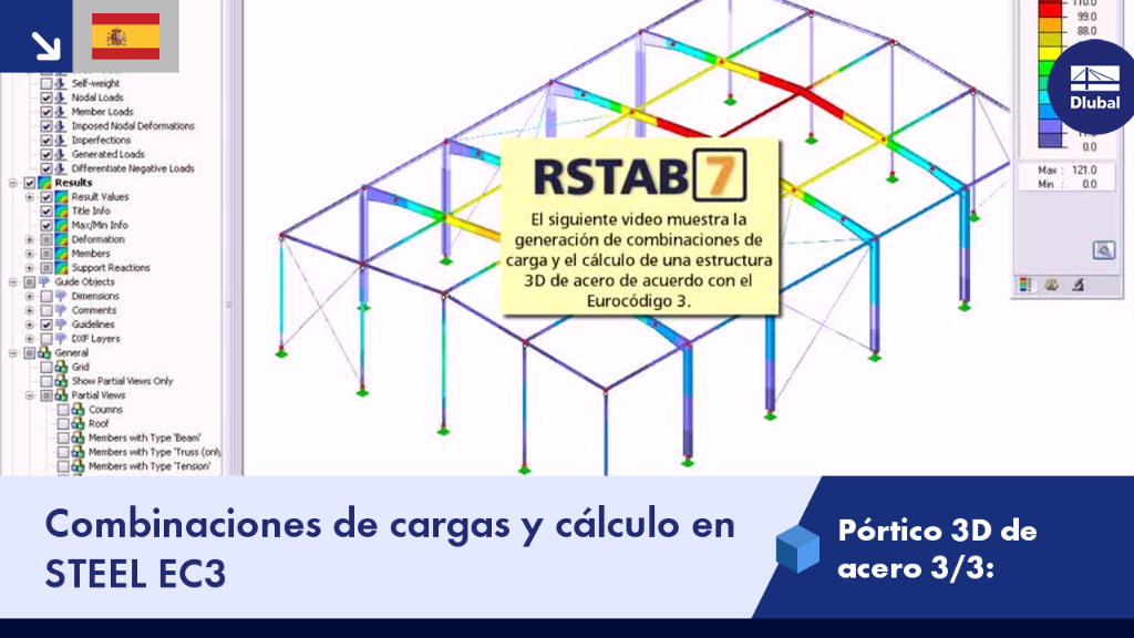 Combinaciones de cargas y análisis estructural de un pórtico de acero 3D utilizando el módulo STEEL EC3.