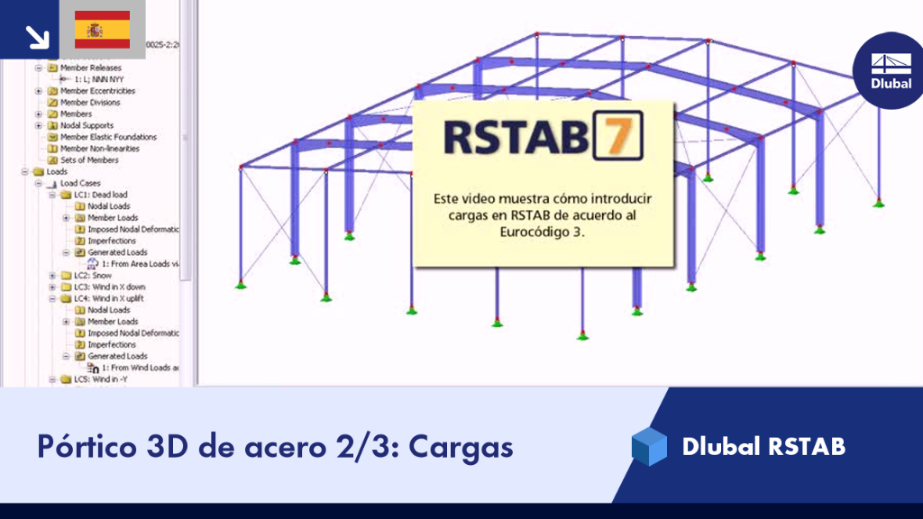 Vista de un pórtico de acero en 3D con aplicación de diferentes cargas en un entorno de modelado estructural avanzado.