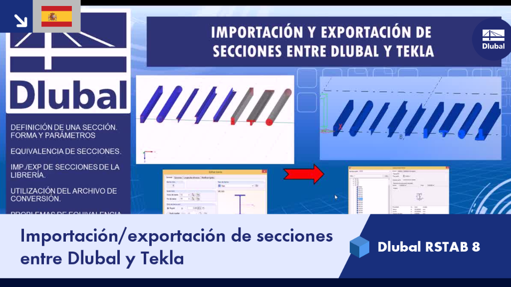 Interfaz de importación/exportación de secciones entre Dlubal RSTAB 8 y Tekla que muestra opciones y configuraciones.