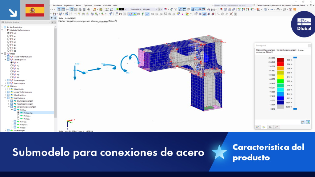 Representación de un submodelo con uniones de acero, incluidos vigas y detalles de conexiones, para análisis estructural.