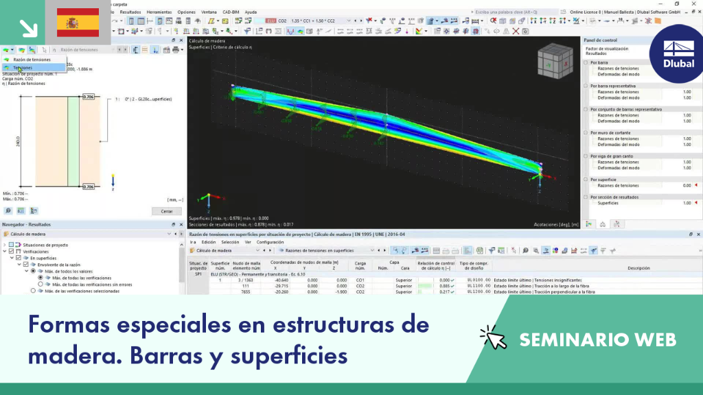 Modelado de una viga a dos aguas y una nave de madera en RFEM 6 durante un webinario en español.