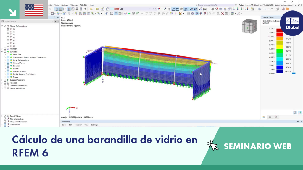Vista general del seminario web mostrando diseño de barandilla de vidrio en RFEM 6 demostrando análisis estructural.