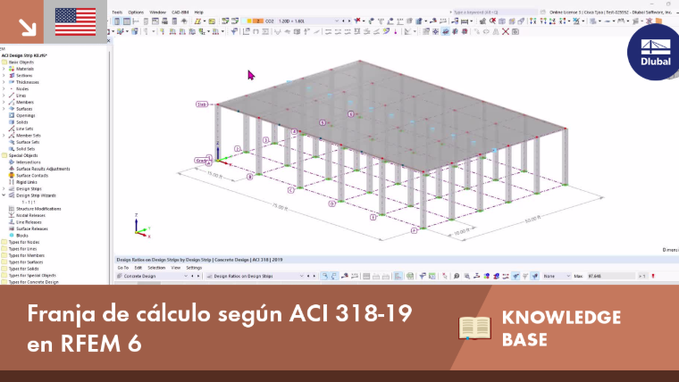 Bandas de diseño configuradas según ACI 318-19 mostrando distribución de tensiones en RFEM 6 con degradado de color.