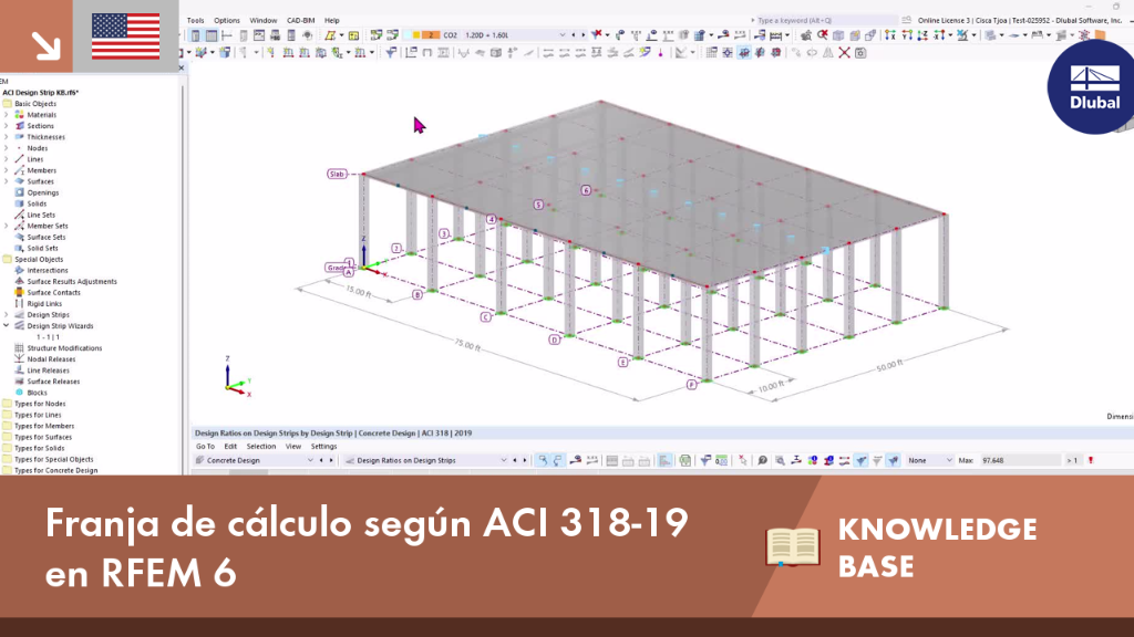 Bandas de diseño configuradas según ACI 318-19 mostrando distribución de tensiones en RFEM 6 con degradado de color.
