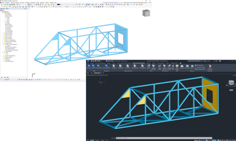 Se muestra el modelo estructural 3D exportado desde Dlubal Software a  Advance Steel en un plano de ejecución de obra y vistas de detalle.
