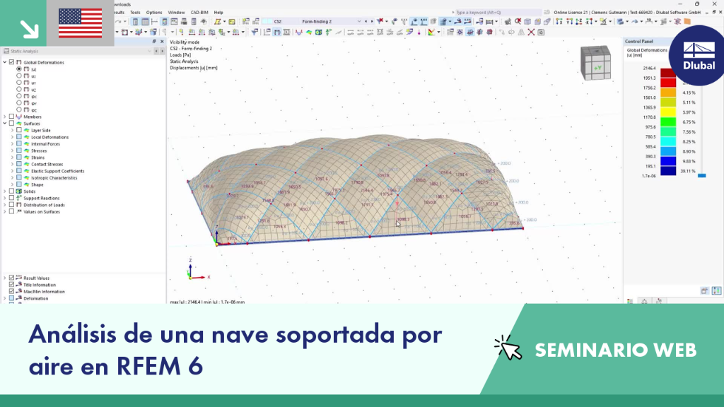 Análisis estructural de una nave con apoyo de aire en un seminario web utilizando las funciones del software RFEM 6 para modelado y evaluación de cargas.