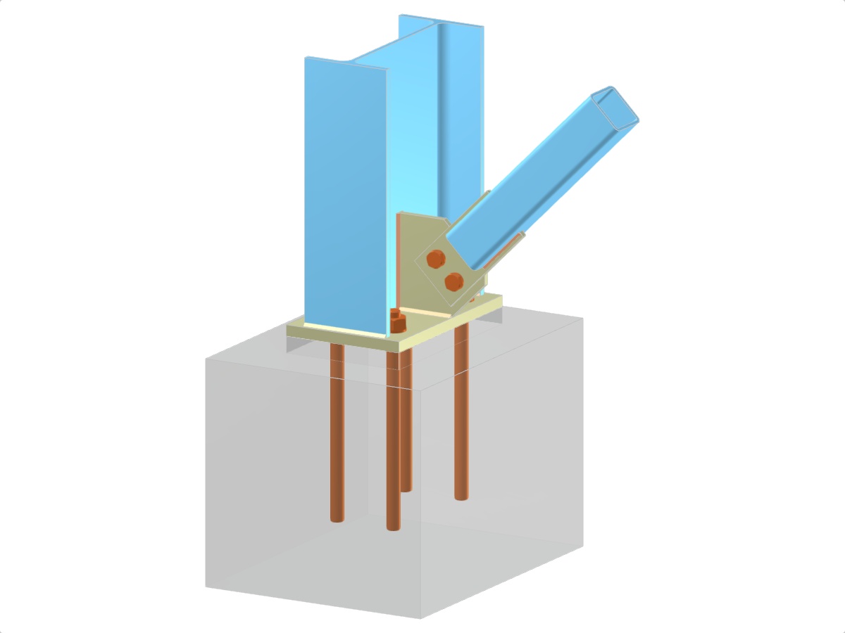 Modelo de ingeniería que muestra una base de pilar con un pilar de perfil en I y una conexión diagonal de RHS atornillada, incluida placa base, placa de refuerzo, placas de contacto y anclaje.