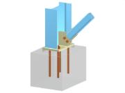 Modelo de ingeniería que muestra una base de pilar con un pilar de perfil en I y una conexión diagonal de RHS atornillada, incluida placa base, placa de refuerzo, placas de contacto y anclaje.