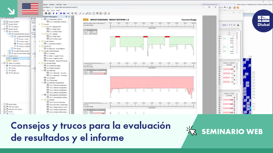 Sesión de seminario web sobre consejos y trucos para evaluar resultados e informe de cálculo presentada por un experto de Dlubal.