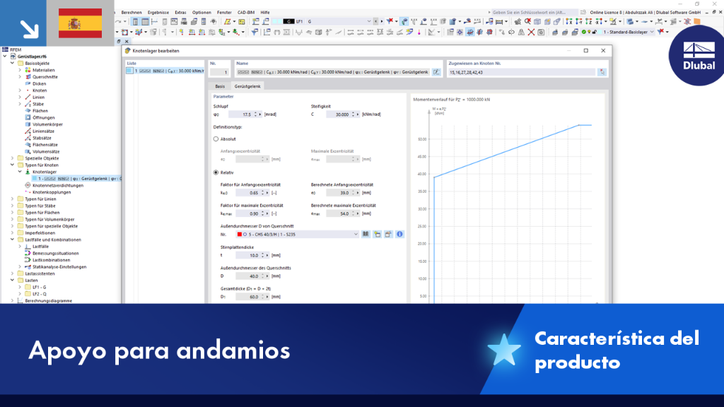 Representación de un andamio modular con especificaciones técnicas y detalles.