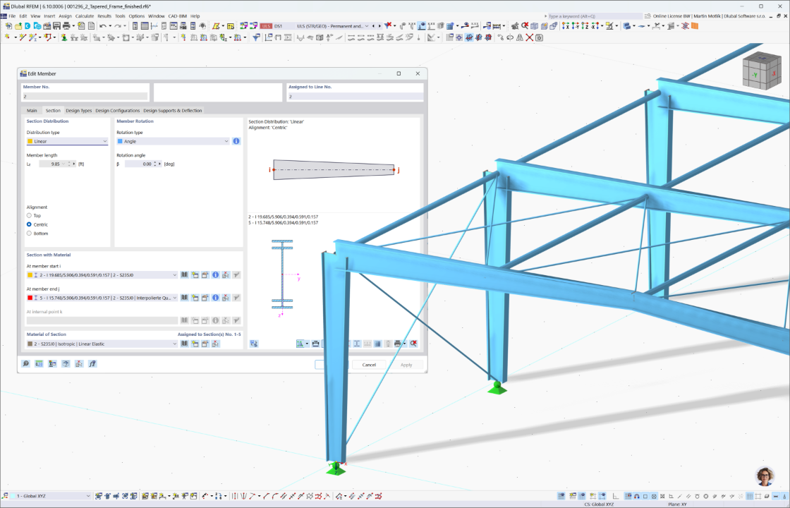Interfaz de RFEM 6 mostrando un modelo de nave de acero con el cuadro de diálogo de configuración de barra de sección variable.