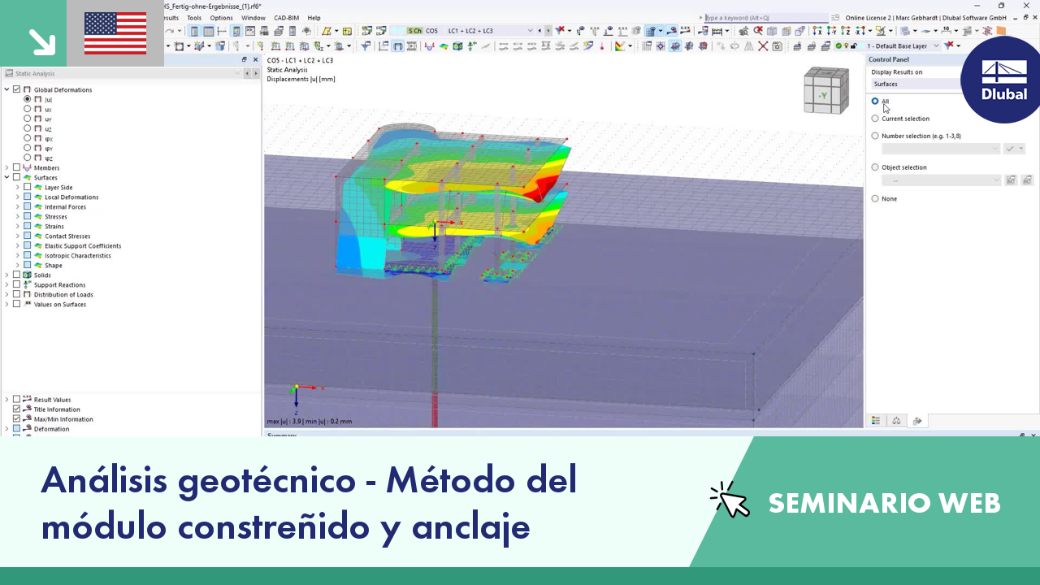 Diapositiva del seminario web sobre análisis geotécnico en RFEM 6, centrado en el método del módulo de constricción y técnicas de anclaje.
