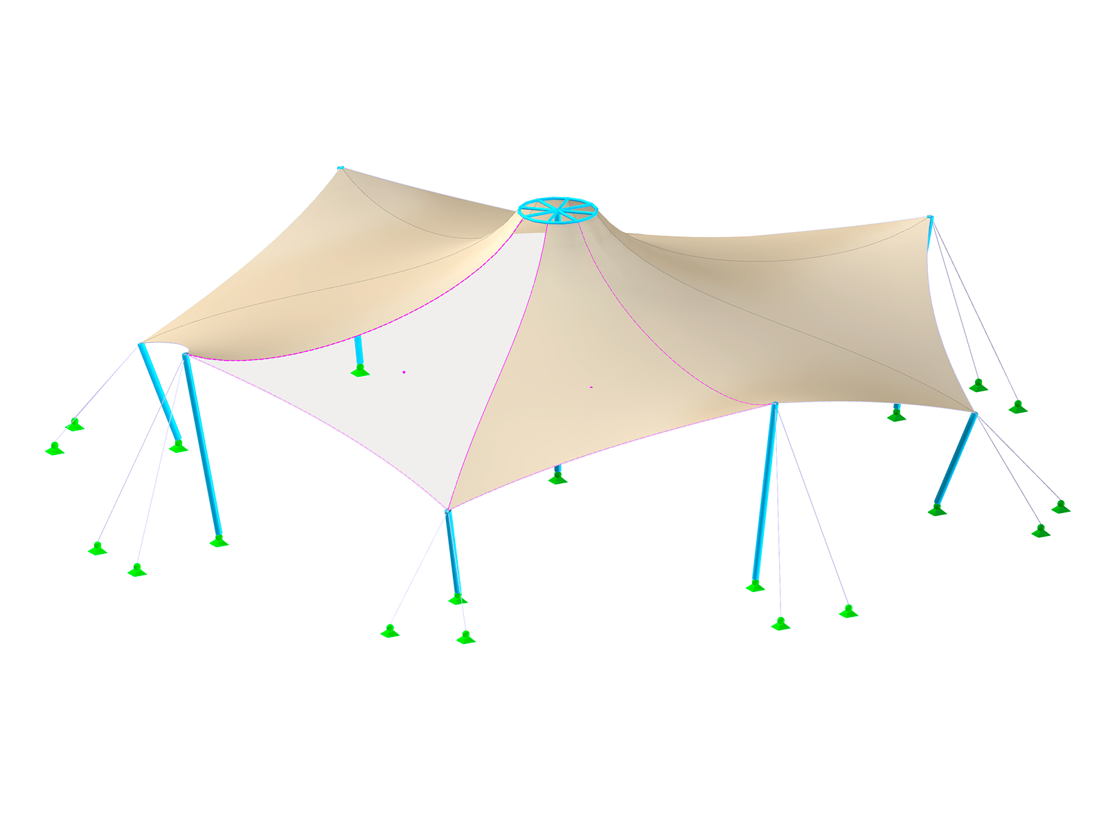 Visualización detallada de una estructura de membrana que muestra el complemento Plantillas de corte en RFEM 6 con una representación clara de los patrones de corte.