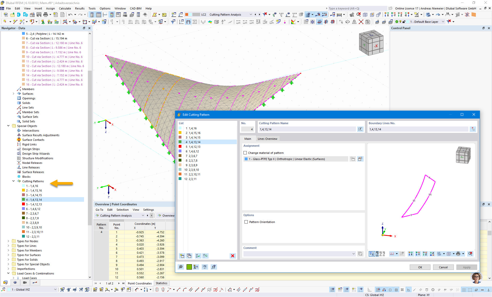 Estructura de membrana mostrada en RFEM 6 con patrones de corte que resaltan las capacidades de la interfaz.