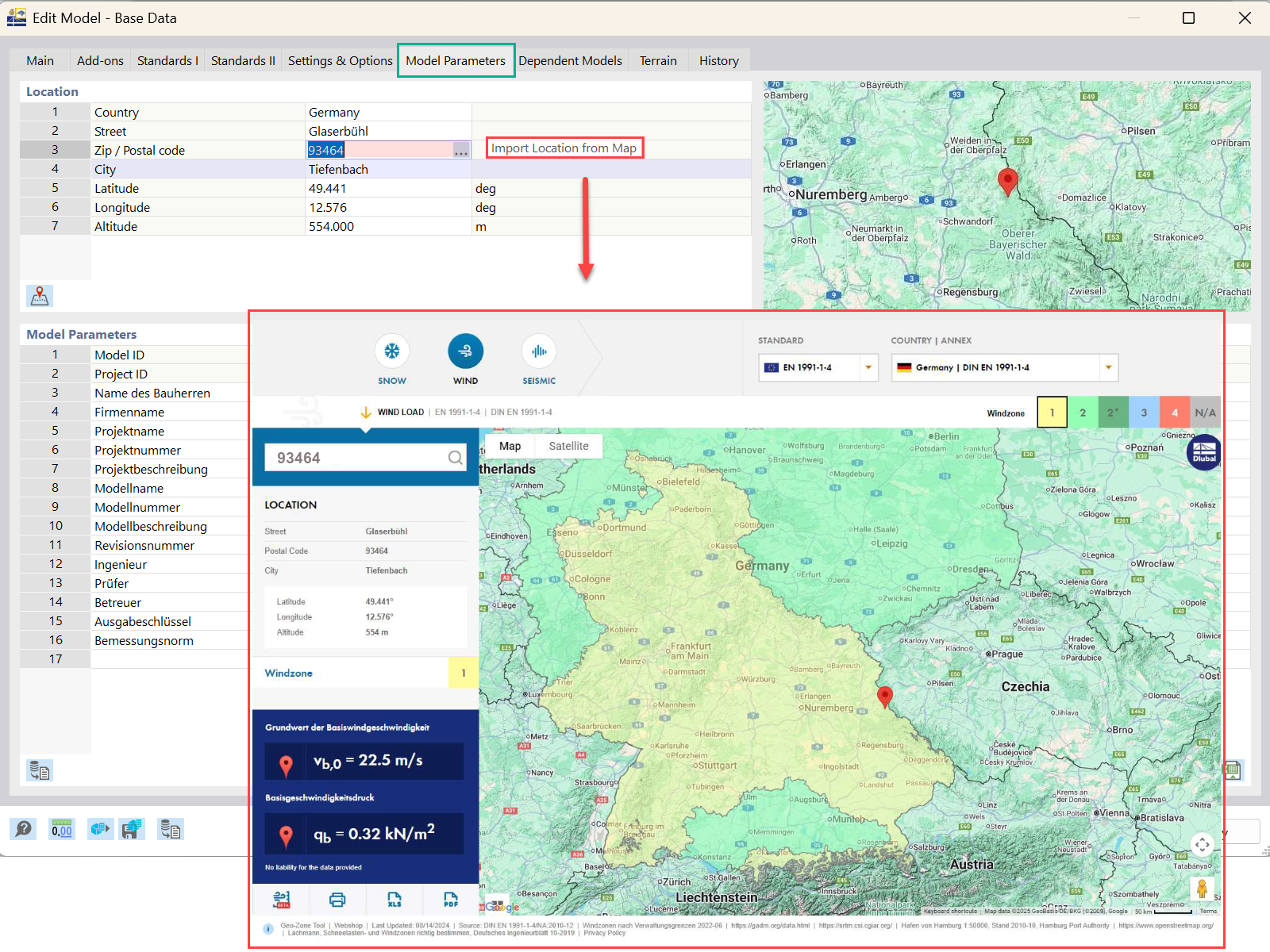 La ilustración muestra el proceso de importación de la ubicación geográfica de un modelo desde un mapa en la interfaz de software RFEM 6.