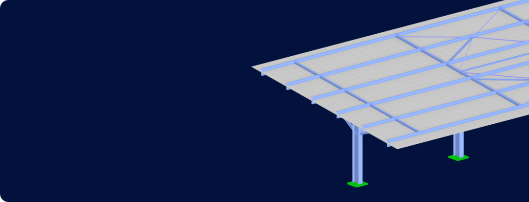 Modelo 3D de una estructura de cubierta fotovoltaica en Vendée, Francia, utilizada en aplicaciones de energía solar.