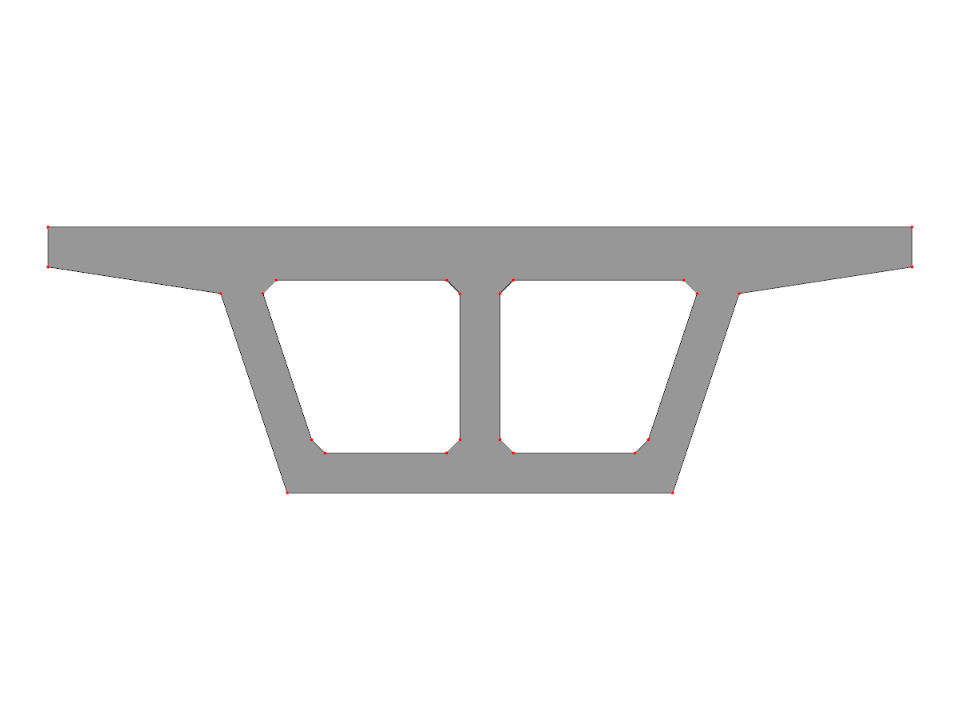 Sección transversal paramétrica de viga cajón bicelular con almas inclinadas y alas, modelada como un bloque paramétrico para análisis estructural en RSECTION.