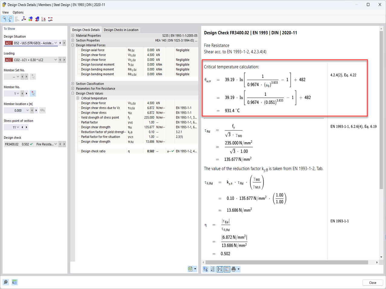 La imagen muestra los resultados en RFEM 6 - Complemento de Cálculo de acero, Detalles del diseño para la temperatura crítica del componente