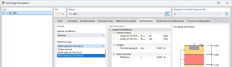Diálogo de RFEM 6 para definir las condiciones del suelo con un modelo de suelo multicapa y el perfil del suelo resultante para el cálculo de cimentaciones